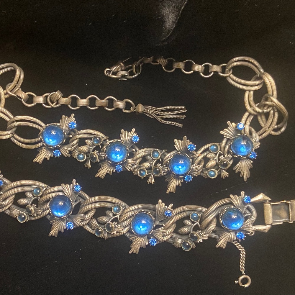 Schiaparelli Glass Star Sapphire Pine Cone Gunmetal Demi Parure